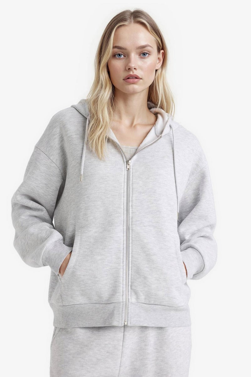 DeFacto Grey Woman Relax Fit Basic Thick Fabric Zip-Up Hoodie Casual - Image 4